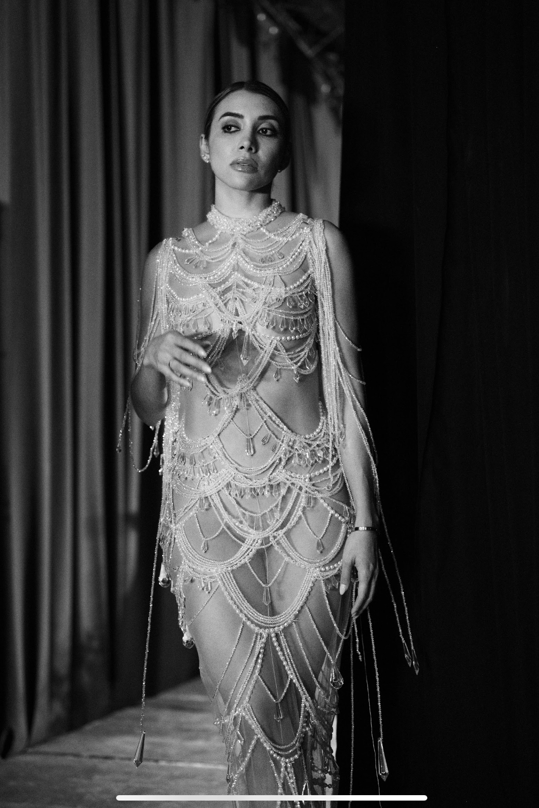 Beaded gown by Giannina Azar in black and white fashion photography, couture dress Guatemala Fashion week March 2023, semena de la moda @SDM_latam photo by @josevelim